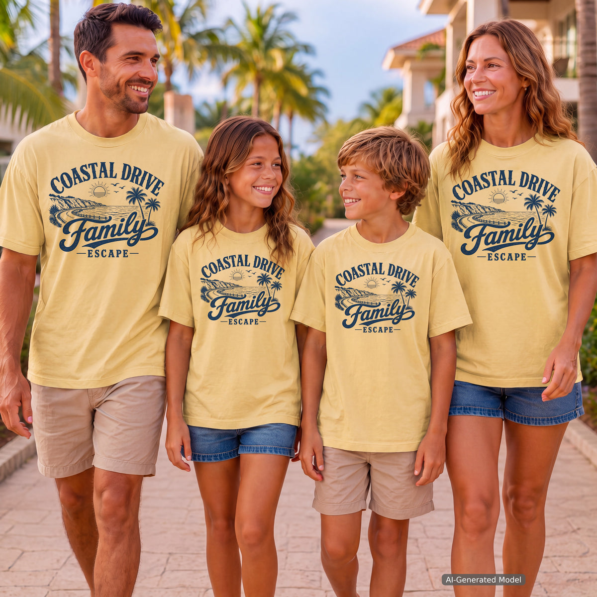 Coastal Drive Family Escape Shirt in Butter – worn on a family trip (AI-generated model photo)