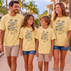 Shared Rooms and Ocean Views Youth Tee – Kids' Comfort Colors Family Travel Shirt in Butter – worn on a family trip (AI-generated model photo)