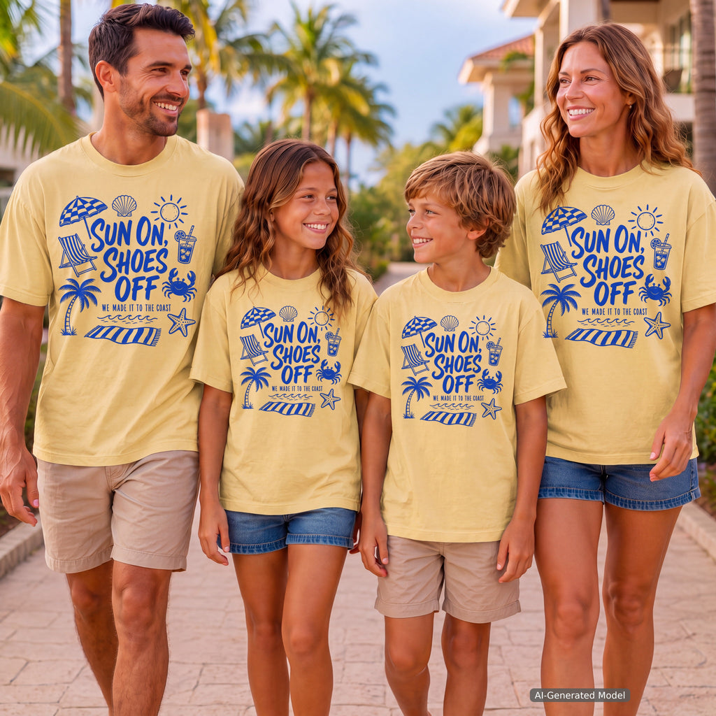 Sun On Shoes Off Youth Tee – Kids' Comfort Colors Beach Vacation Shirt in Butter – worn on a family trip (AI-generated model photo)
