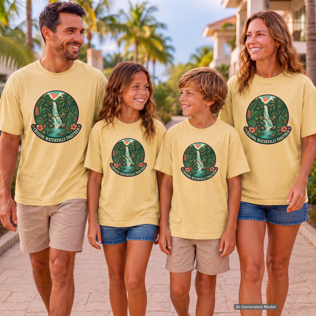 Chasing Waterfalls Together Youth Tee – Kids' Comfort Colors Adventure Shirt in Butter – worn on a family trip (AI-generated model photo)