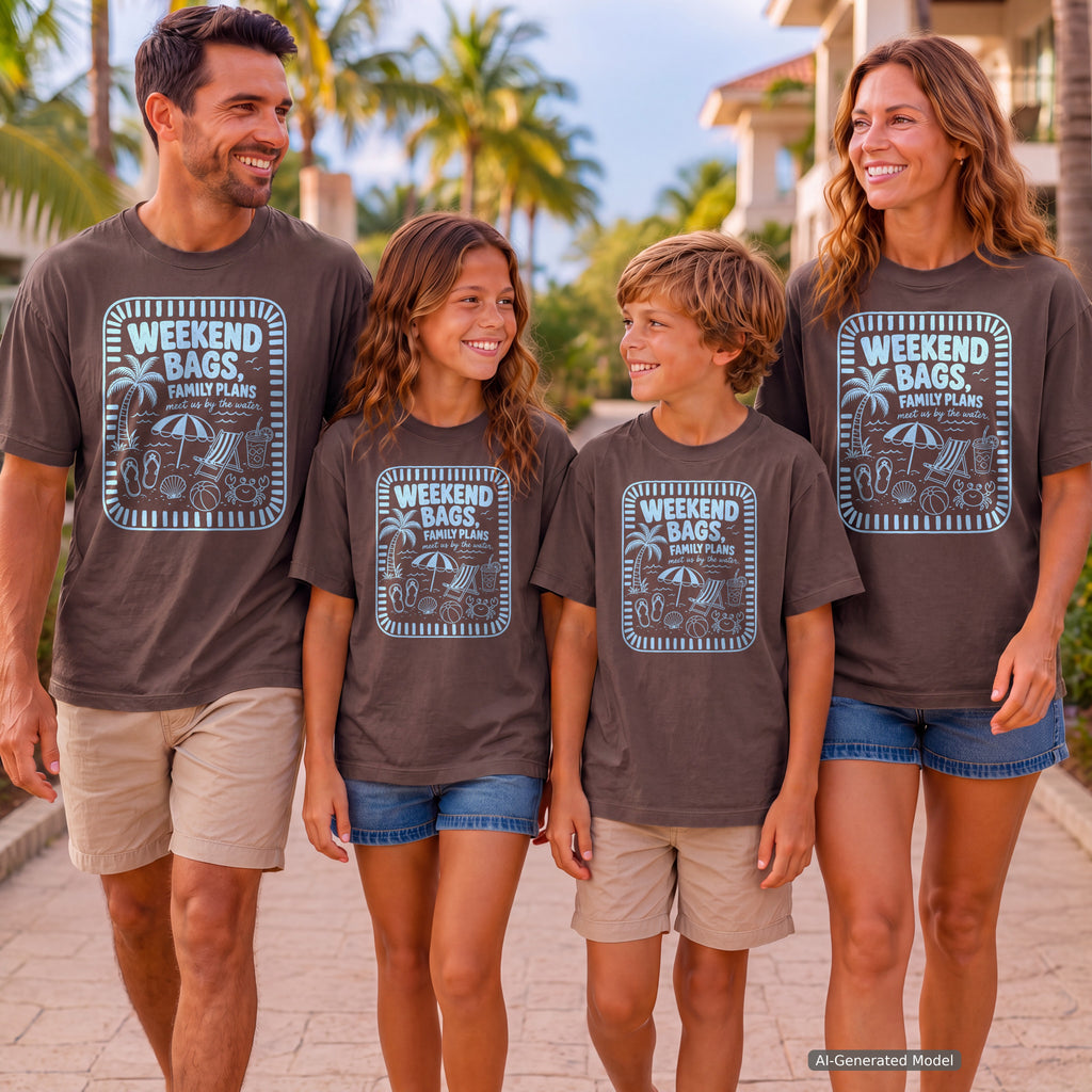 Weekend Bags Family Plans Beach Vacation Shirt in Espresso – worn on a family trip (AI-generated model photo)