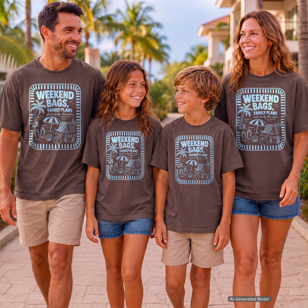 Weekend Bags Family Plans Beach Vacation Shirt in Espresso – worn on a family trip (AI-generated model photo)