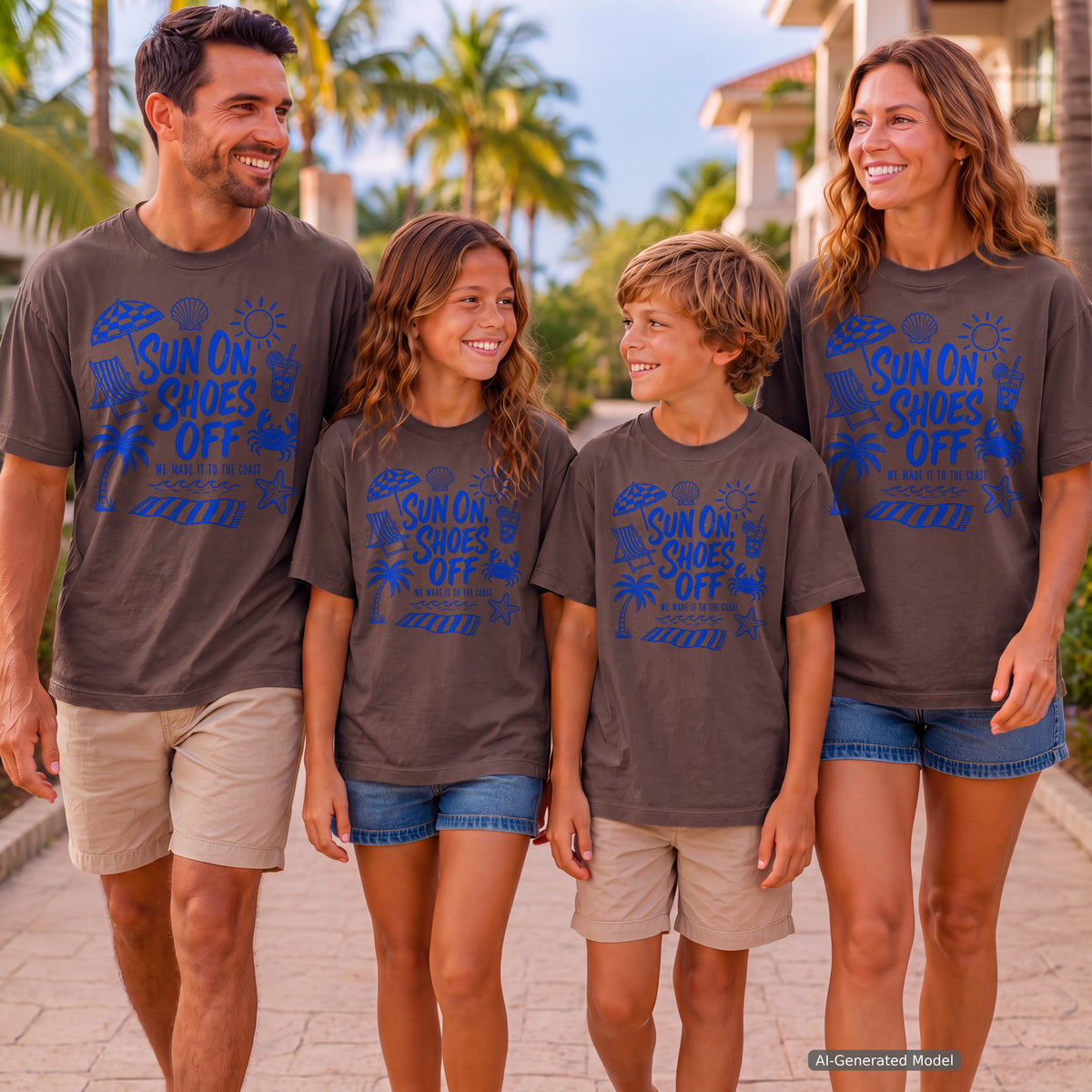 Sun On Shoes Off Beach Vacation Shirt in Espresso – worn on a family trip (AI-generated model photo)