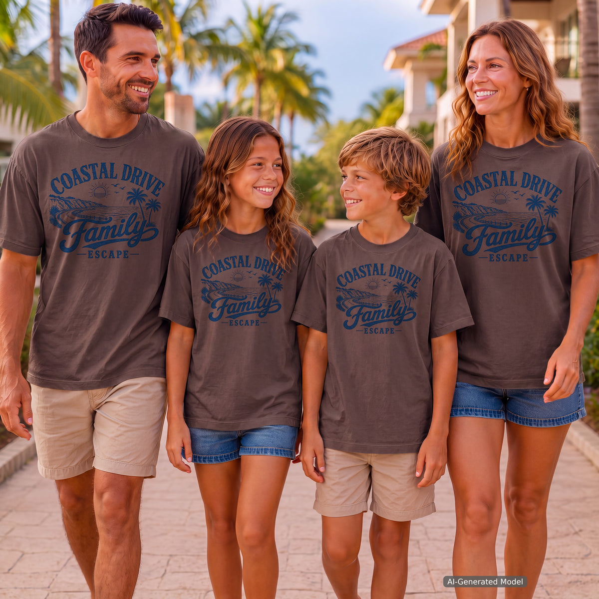 Coastal Drive Family Escape Shirt in Espresso – worn on a family trip (AI-generated model photo)