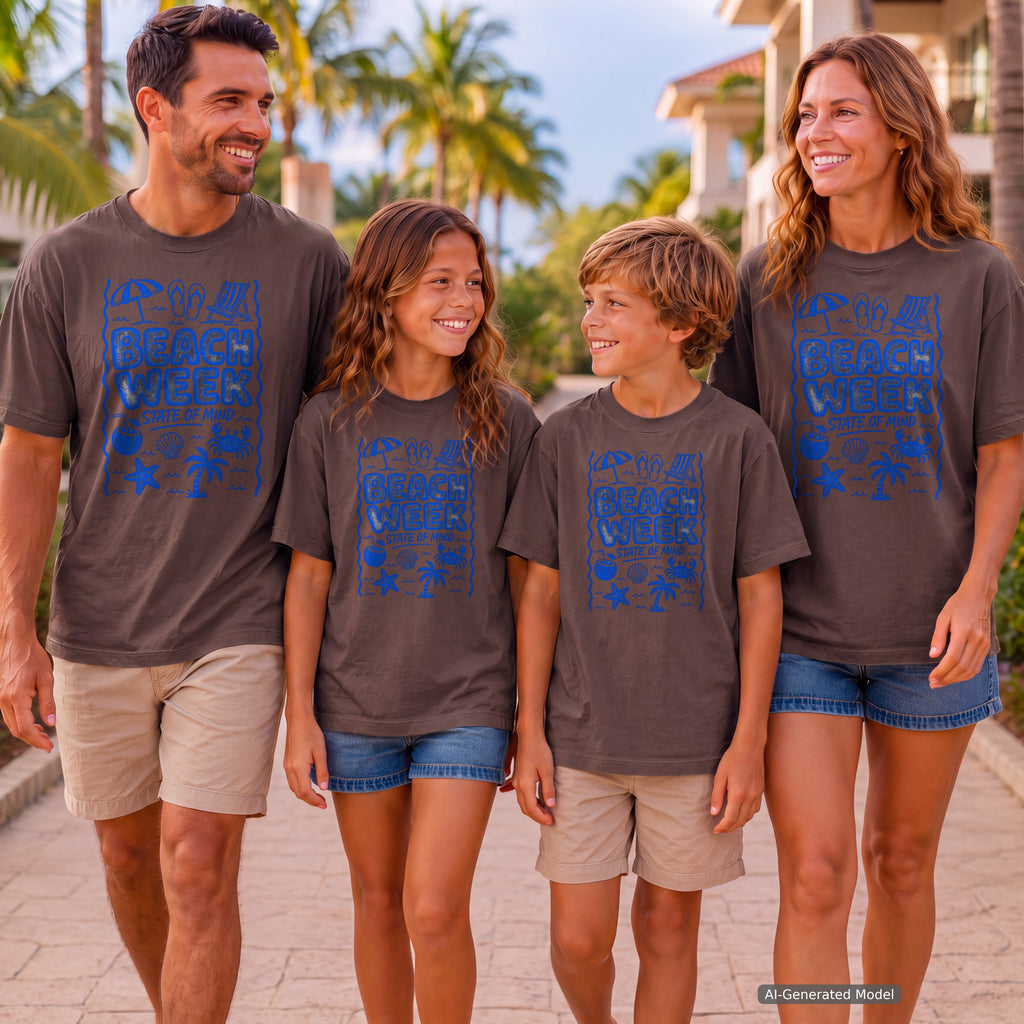 Beach Week State of Mind Beach Vacation Shirt in Espresso – worn on a family trip (AI-generated model photo)