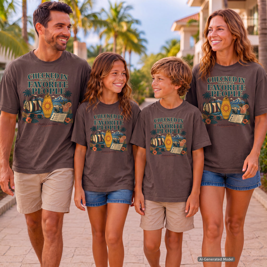 Checked In with My Favorite People Family Getaway Shirt in Espresso – worn on a family trip (AI-generated model photo)