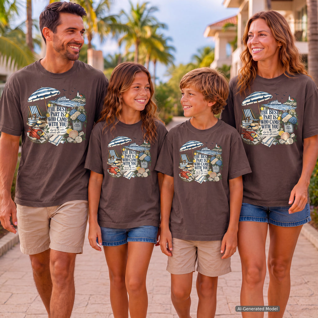 The Best Part Is Who Came with You Beach Vacation Shirt in Espresso – worn on a family trip (AI-generated model photo)