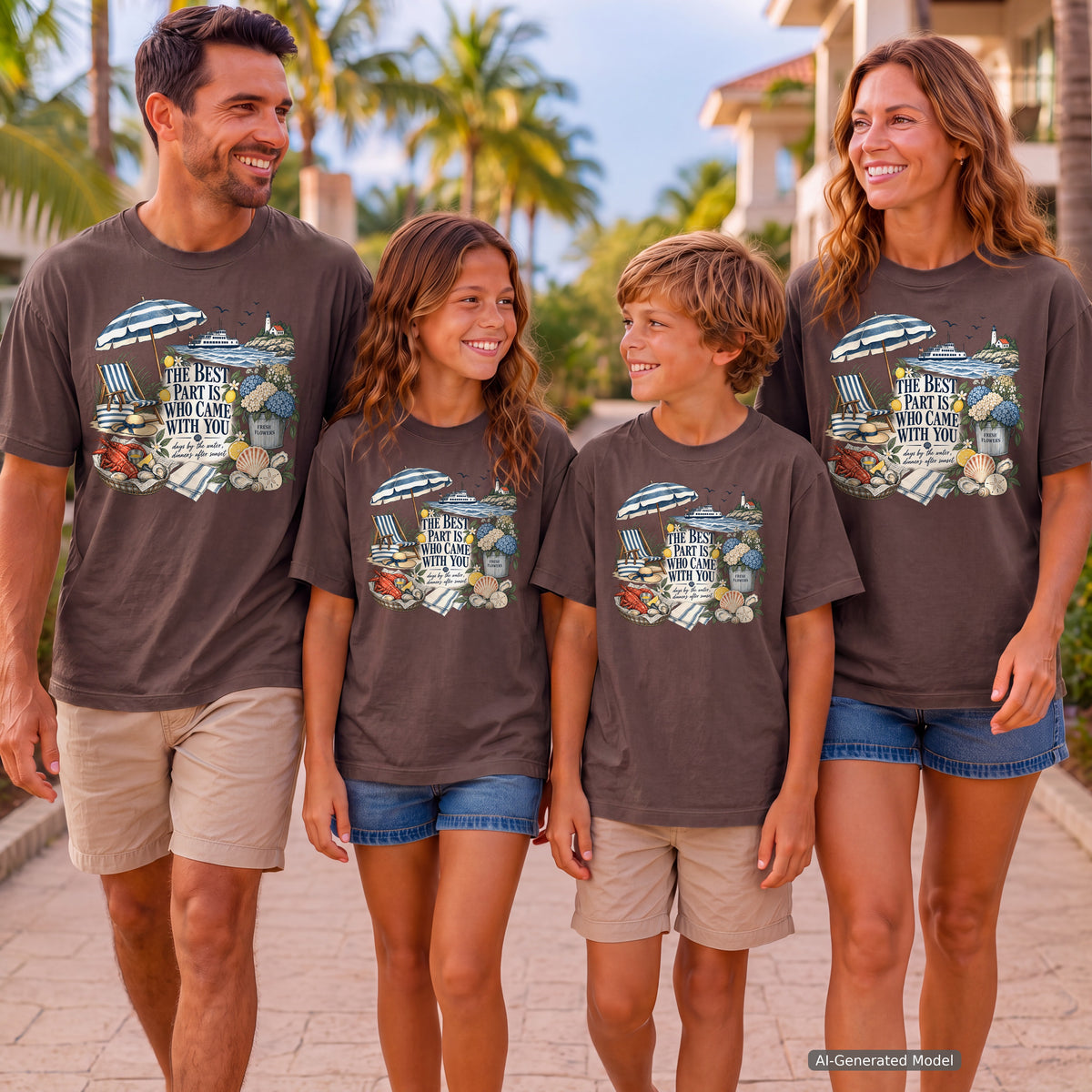 The Best Part Is Who Came with You Beach Vacation Shirt in Espresso – worn on a family trip (AI-generated model photo)