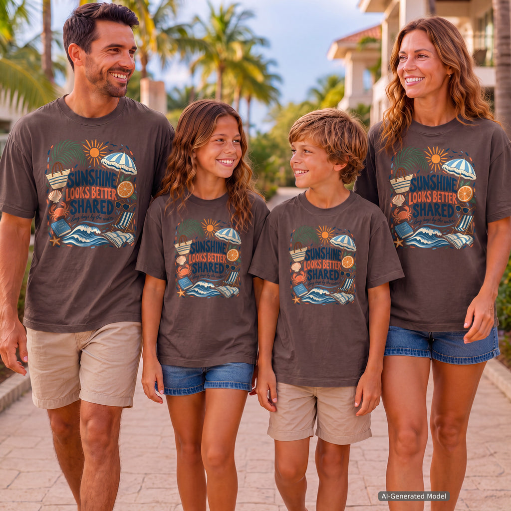 Sunshine Looks Better Shared Beach Vacation Shirt in Espresso – worn on a family trip (AI-generated model photo)
