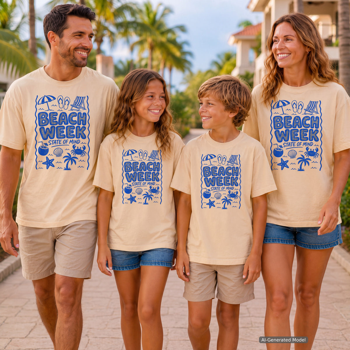 Beach Week State of Mind Beach Vacation Shirt in Ivory – worn on a family trip (AI-generated model photo)