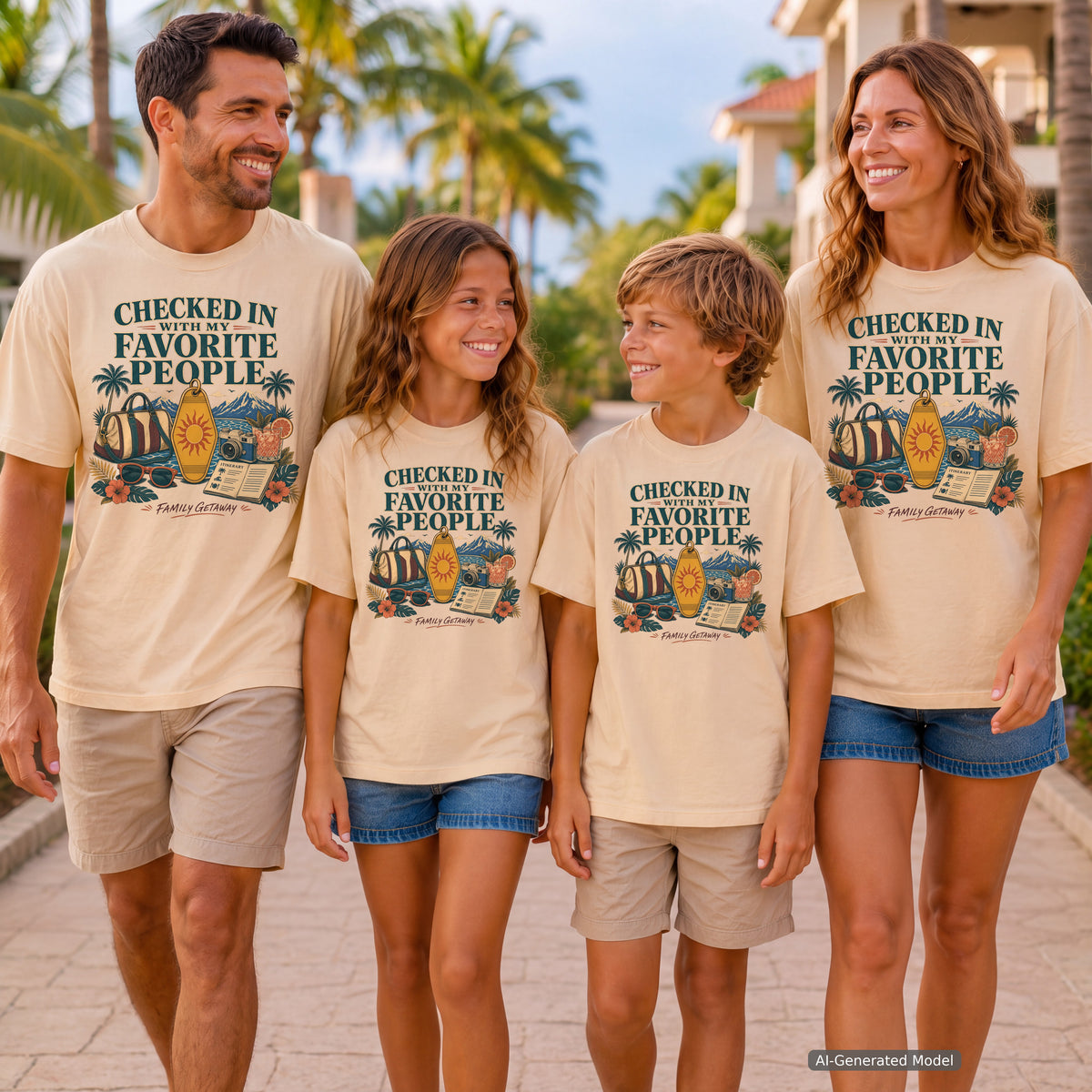 Checked In with My Favorite People Family Getaway Shirt in Ivory – worn on a family trip (AI-generated model photo)