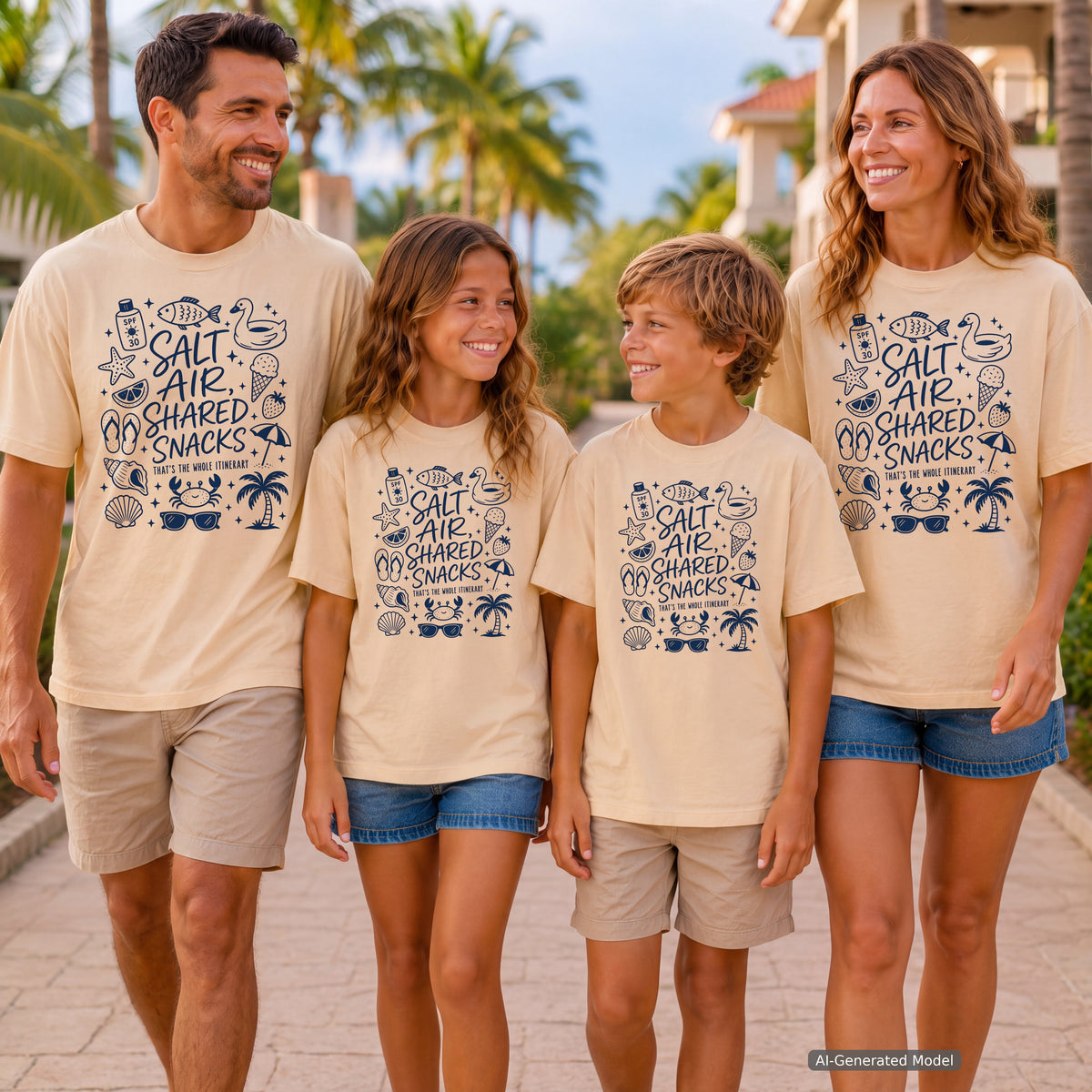 Salt Air Shared Snacks Beach Vacation Shirt in Ivory – worn on a family trip (AI-generated model photo)