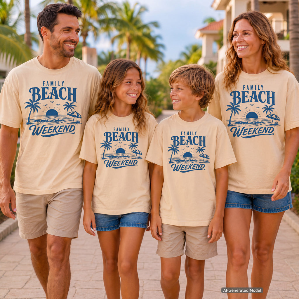 Family Beach Weekend Shirt in Ivory – worn on a family trip (AI-generated model photo)