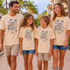 Shared Rooms and Ocean Views Girls Trip Shirt in Ivory – worn on a family trip (AI-generated model photo)
