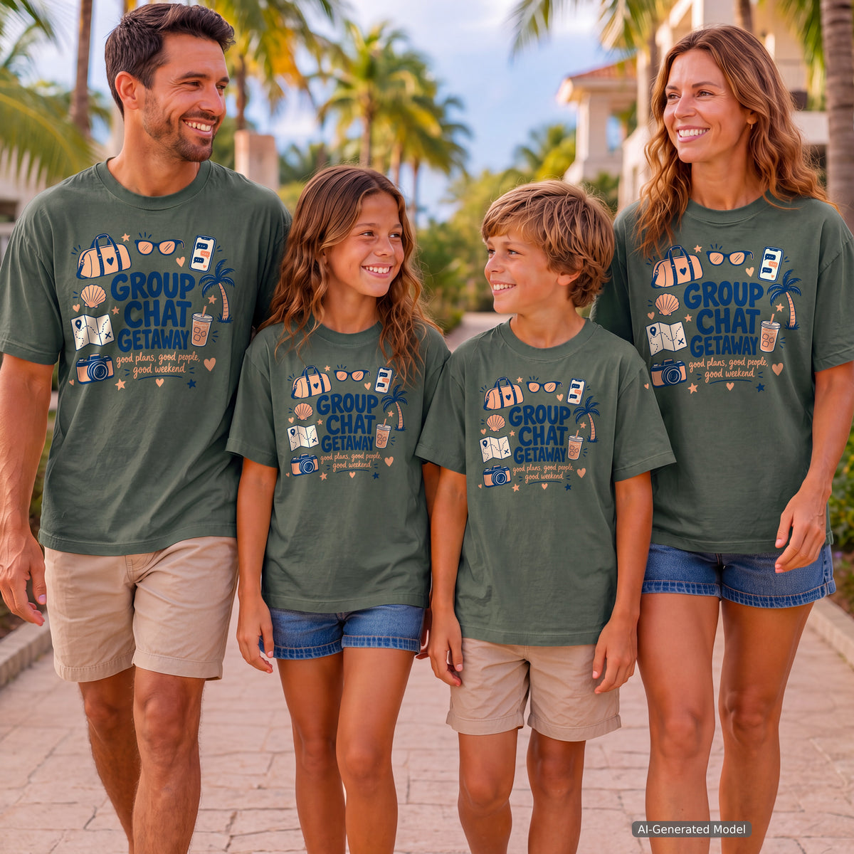 Group Chat Getaway Family Getaway Shirt in Moss – worn on a family trip (AI-generated model photo)