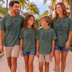 Shared Rooms and Ocean Views Girls Trip Shirt in Moss – worn on a family trip (AI-generated model photo)