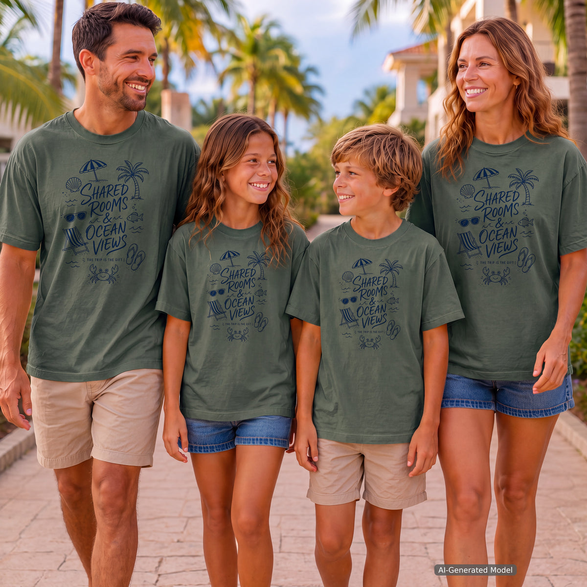 Shared Rooms and Ocean Views Girls Trip Shirt in Moss – worn on a family trip (AI-generated model photo)