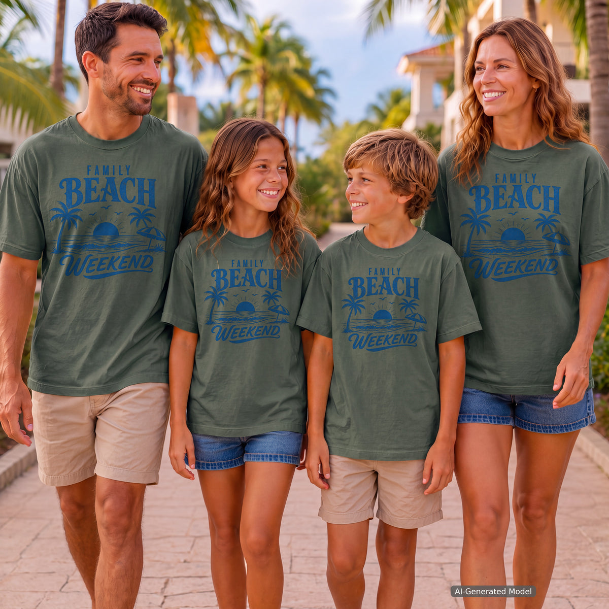 Family Beach Weekend Shirt in Moss – worn on a family trip (AI-generated model photo)