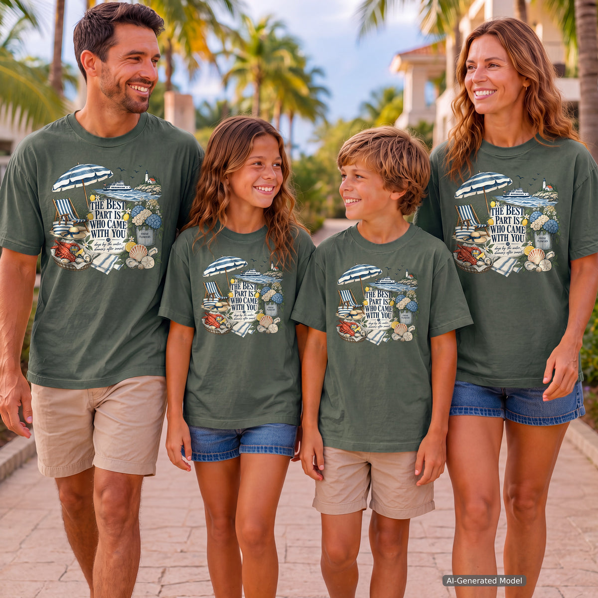 The Best Part Is Who Came with You Beach Vacation Shirt in Moss – worn on a family trip (AI-generated model photo)