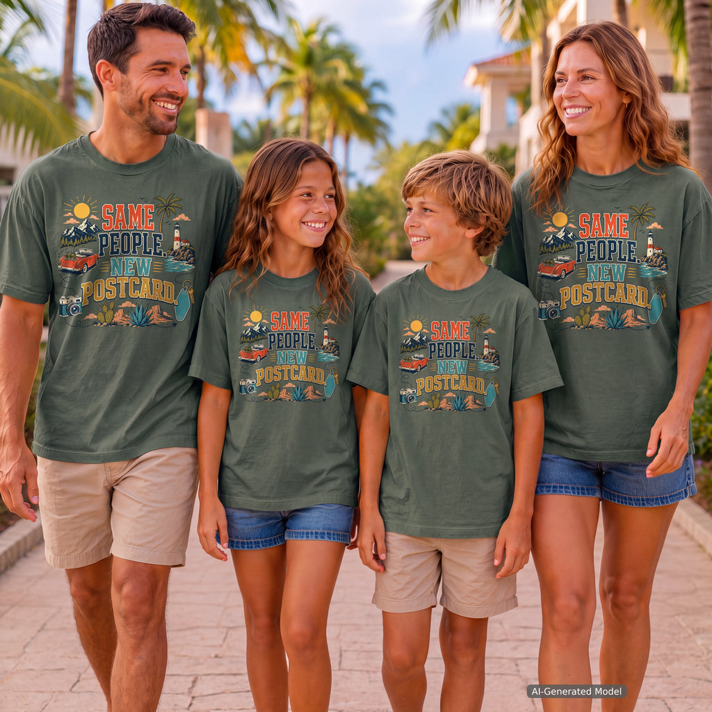 Same People New Postcard Road Trip Shirt in Moss – worn on a family trip (AI-generated model photo)