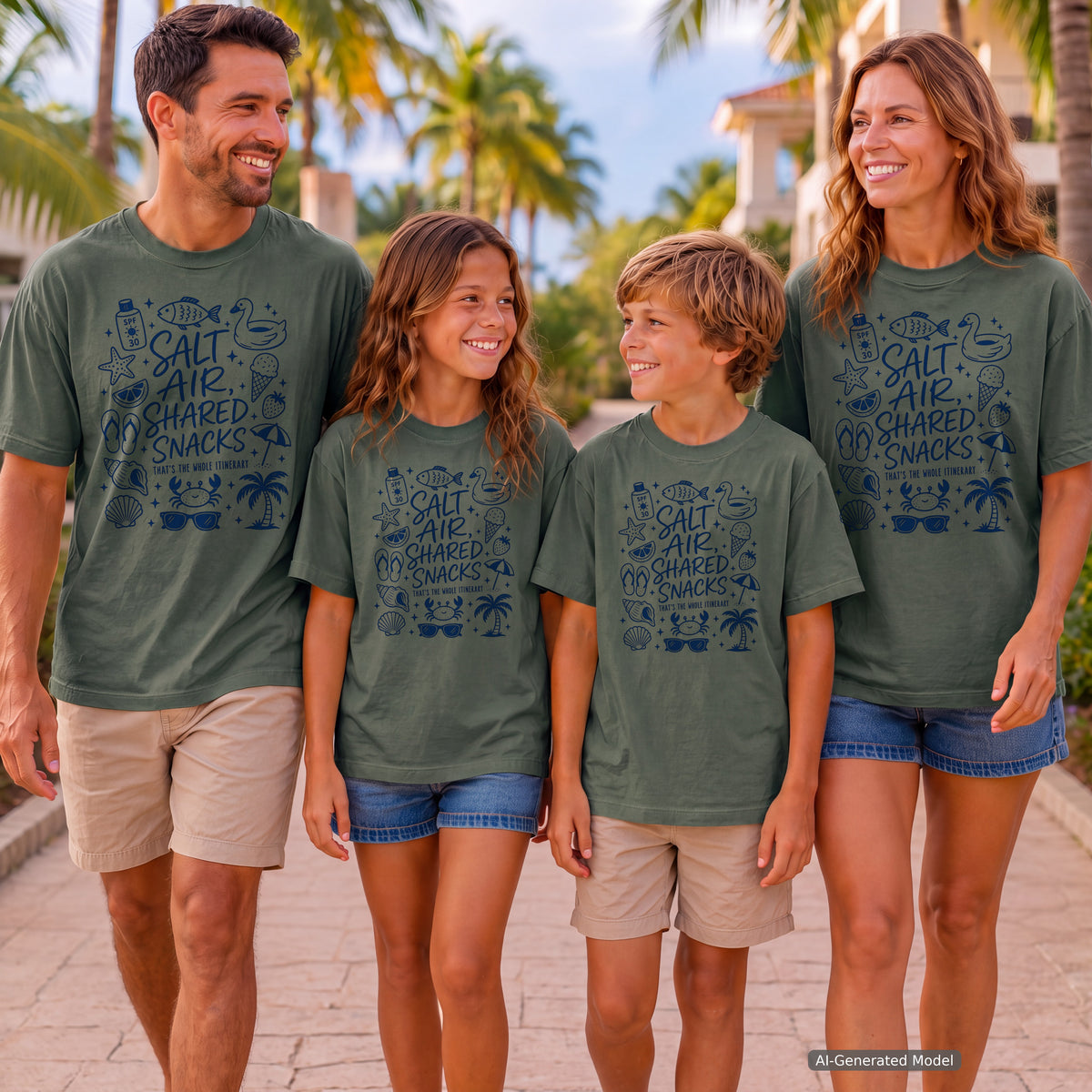 Salt Air Shared Snacks Beach Vacation Shirt in Moss – worn on a family trip (AI-generated model photo)