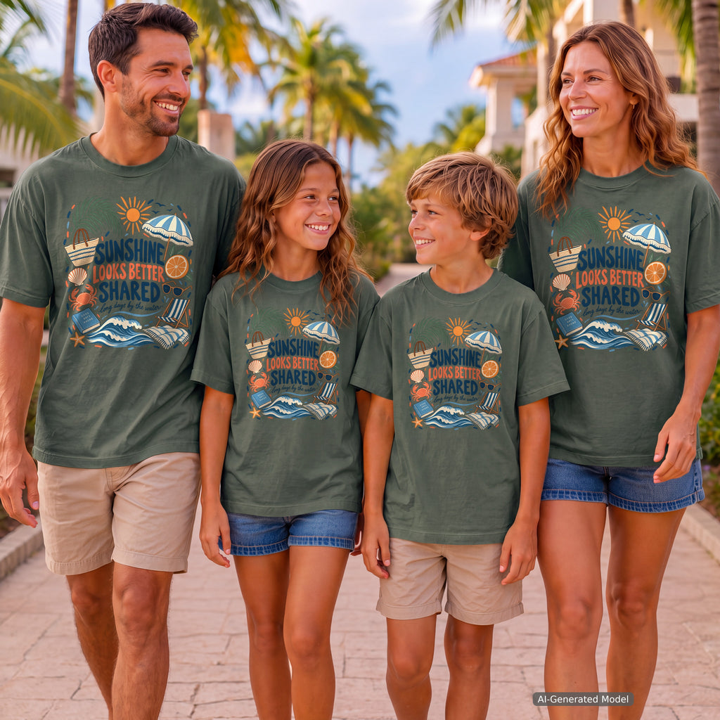 Sunshine Looks Better Shared Beach Vacation Shirt in Moss – worn on a family trip (AI-generated model photo)