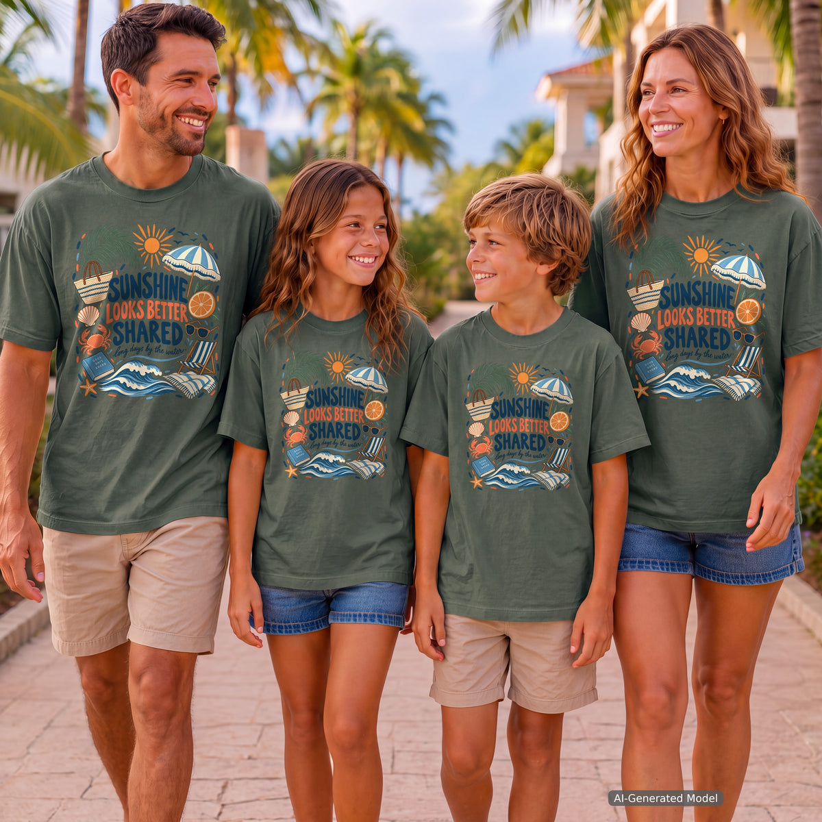 Sunshine Looks Better Shared Beach Vacation Shirt in Moss – worn on a family trip (AI-generated model photo)