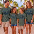 Coastal Drive Family Escape Shirt in Moss – worn on a family trip (AI-generated model photo)