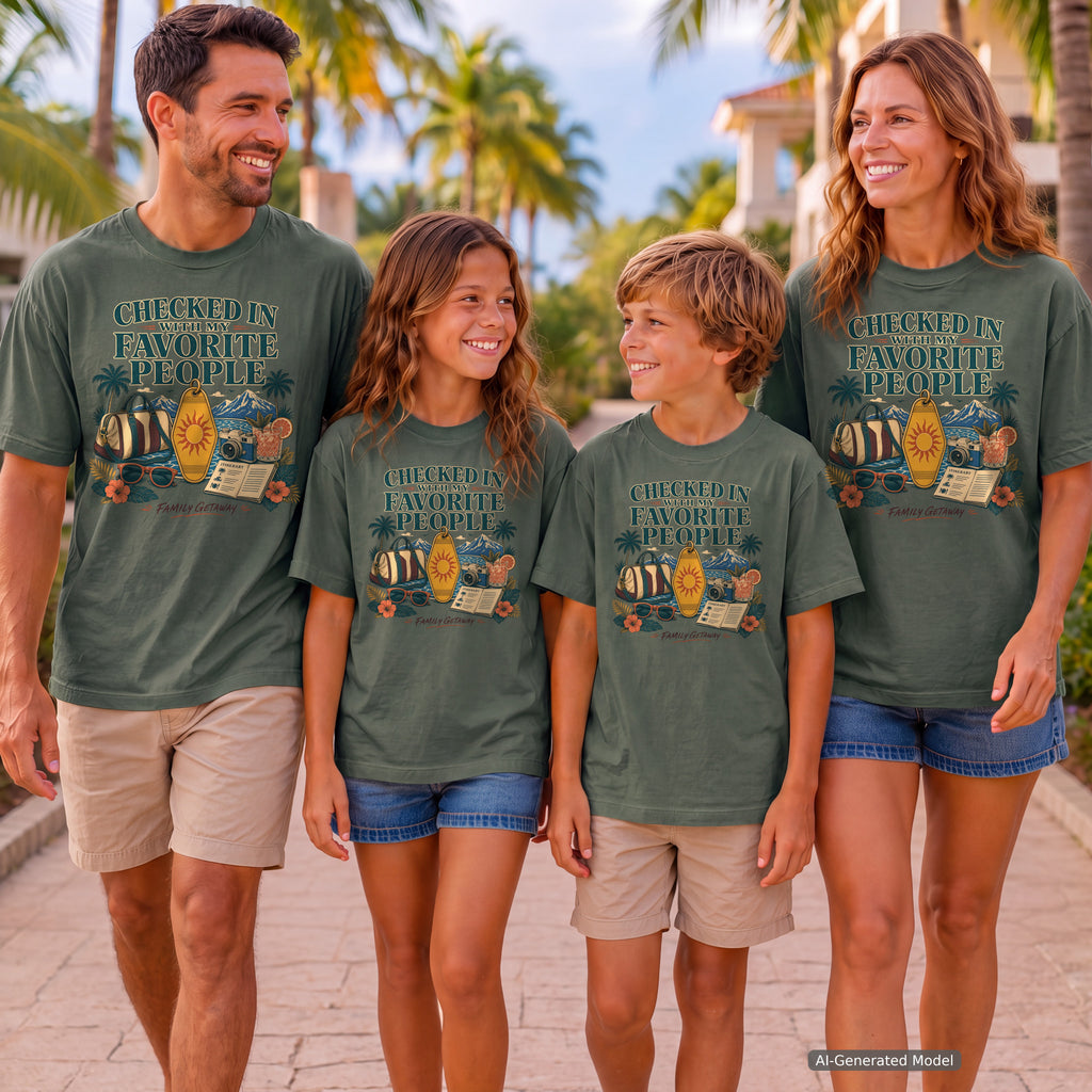 Checked In with My Favorite People Family Getaway Shirt in Moss – worn on a family trip (AI-generated model photo)