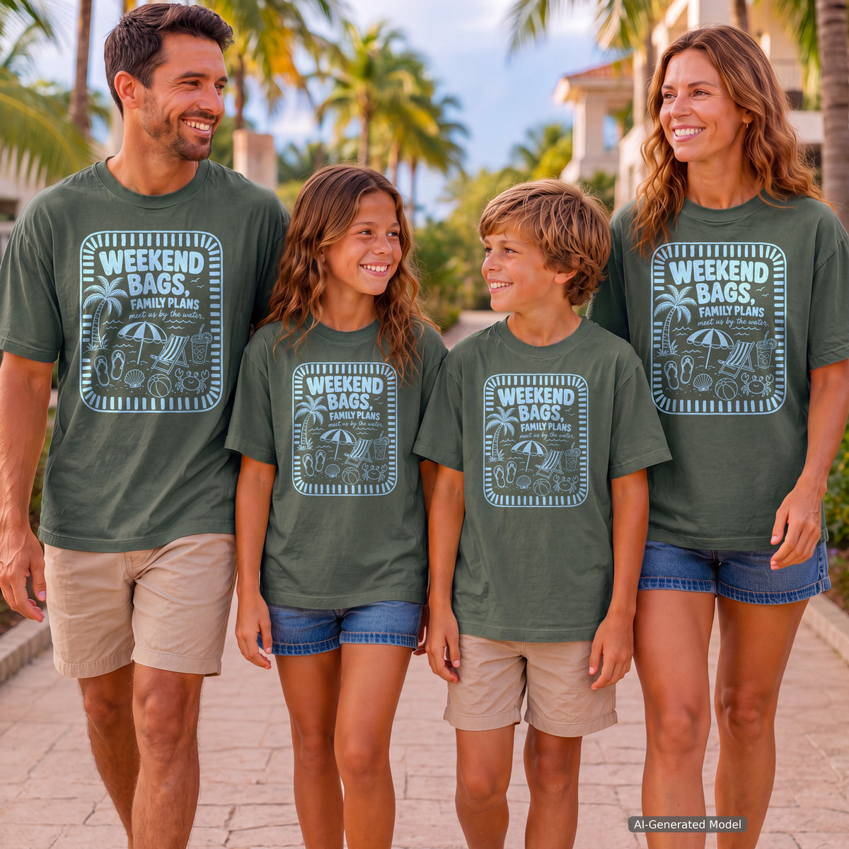 Weekend Bags Family Plans Beach Vacation Shirt in Moss – worn on a family trip (AI-generated model photo)
