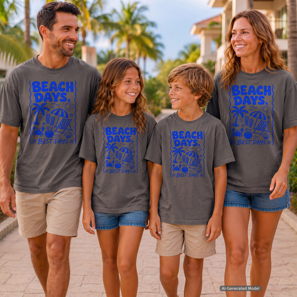 Beach Days Best Days Beach Vacation Shirt in Pepper – worn on a family trip (AI-generated model photo)