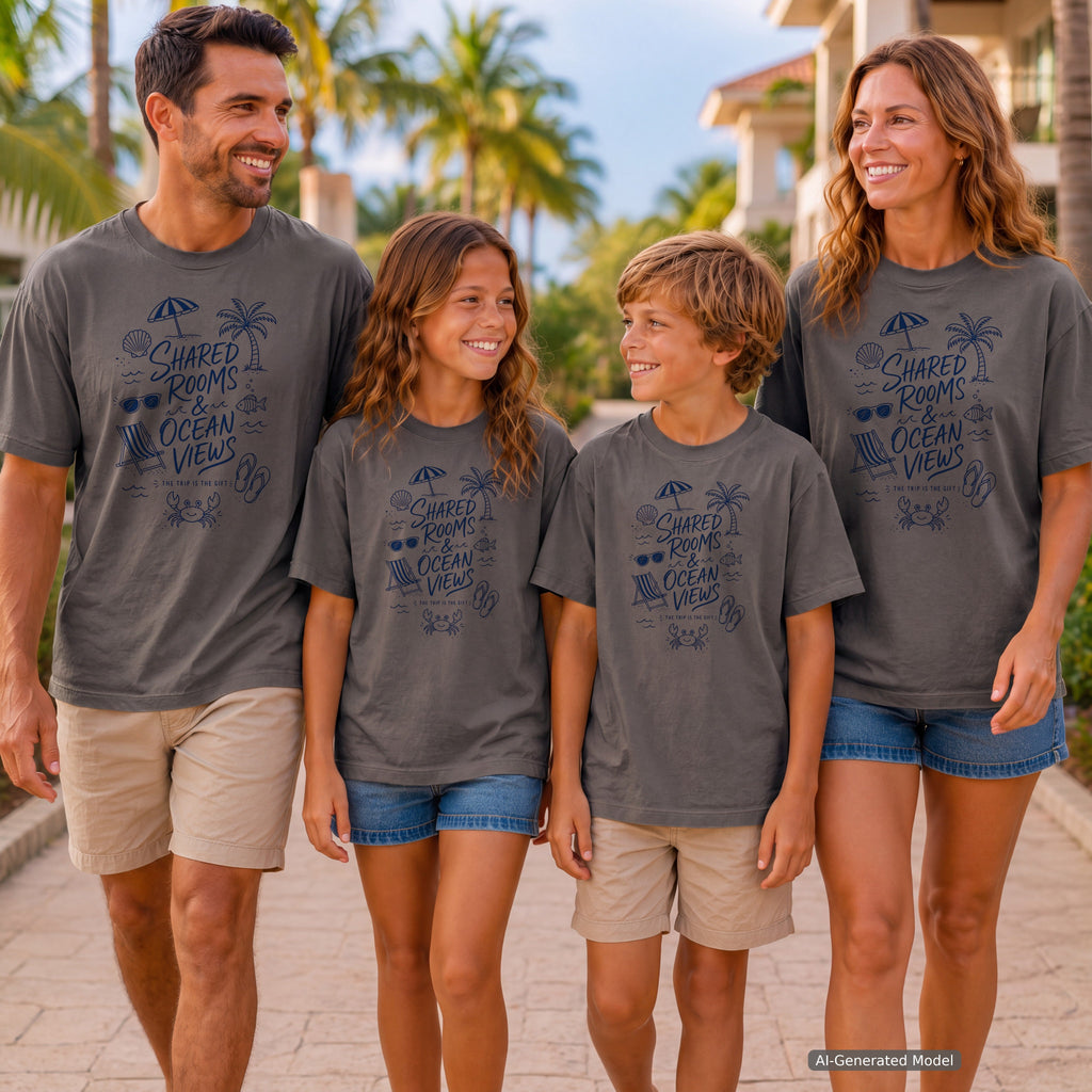 Shared Rooms and Ocean Views Youth Tee – Kids' Comfort Colors Family Travel Shirt in Pepper – worn on a family trip (AI-generated model photo)