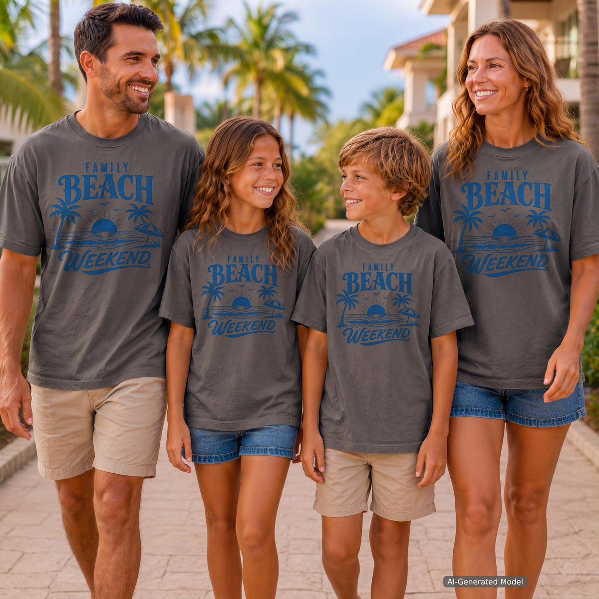 Family Beach Weekend Youth Tee – Kids' Comfort Colors Beach Vacation Shirt in Pepper – worn on a family trip (AI-generated model photo)