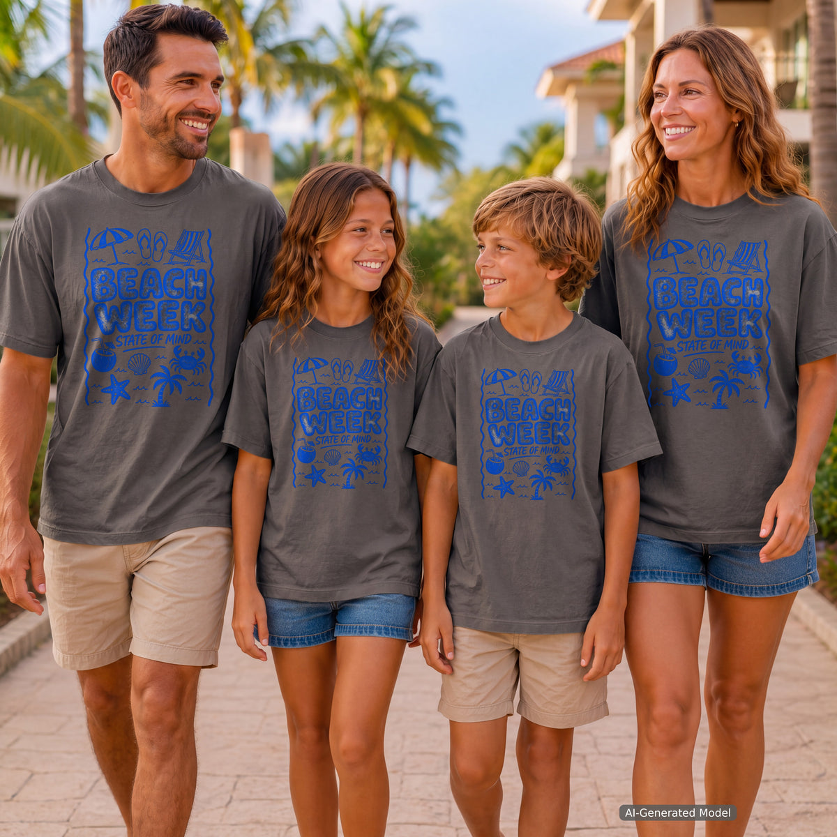 Beach Week State of Mind Beach Vacation Shirt in Pepper – worn on a family trip (AI-generated model photo)