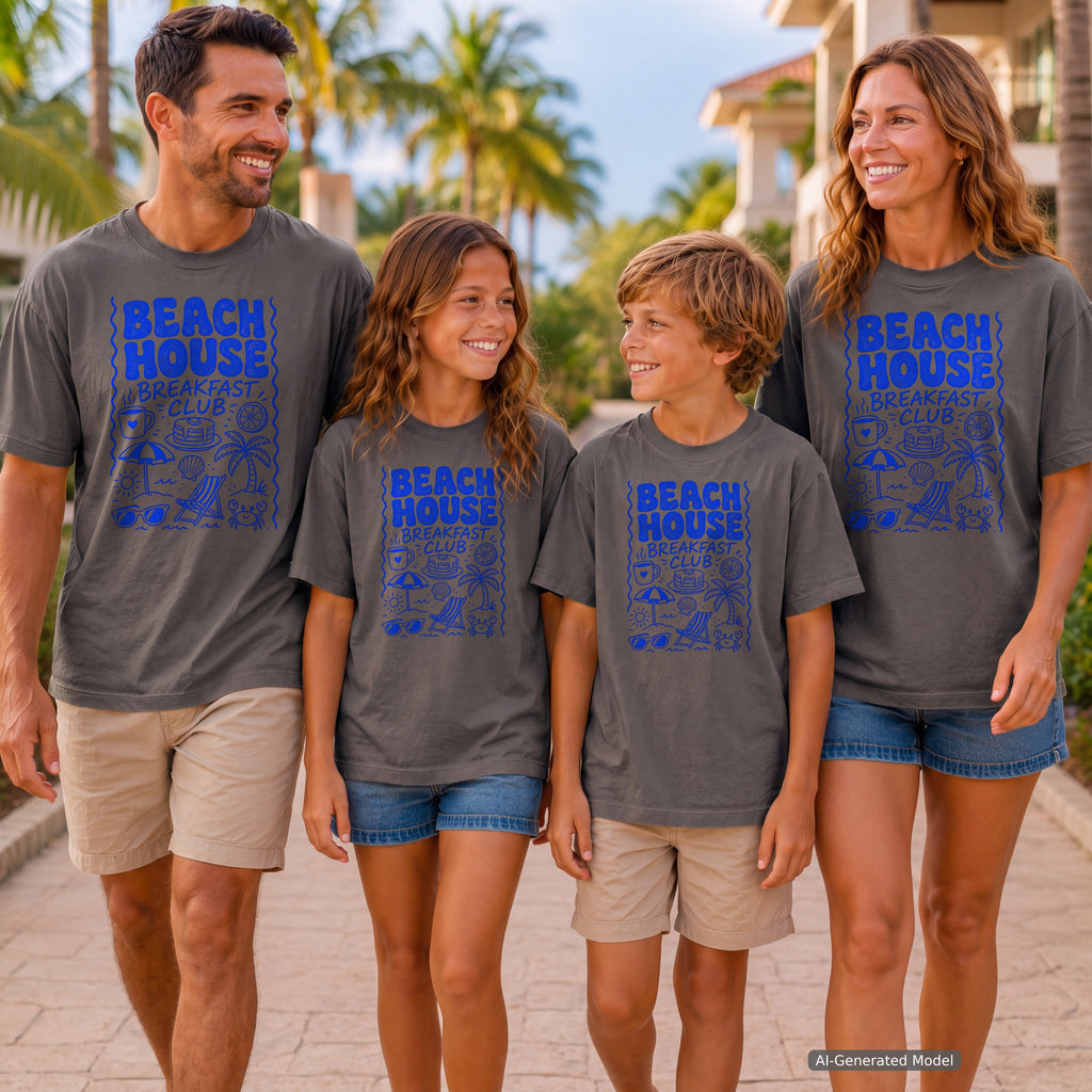 Beach House Breakfast Club Youth Tee – Kids' Comfort Colors Beach Vacation Shirt in Pepper – worn on a family trip (AI-generated model photo)