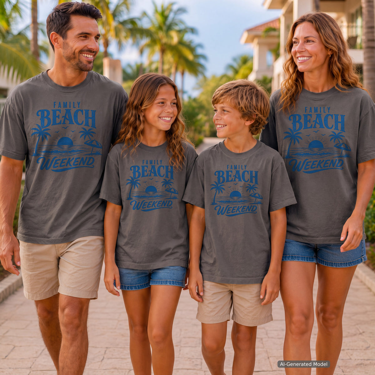 Family Beach Weekend Shirt in Pepper – worn on a family trip (AI-generated model photo)