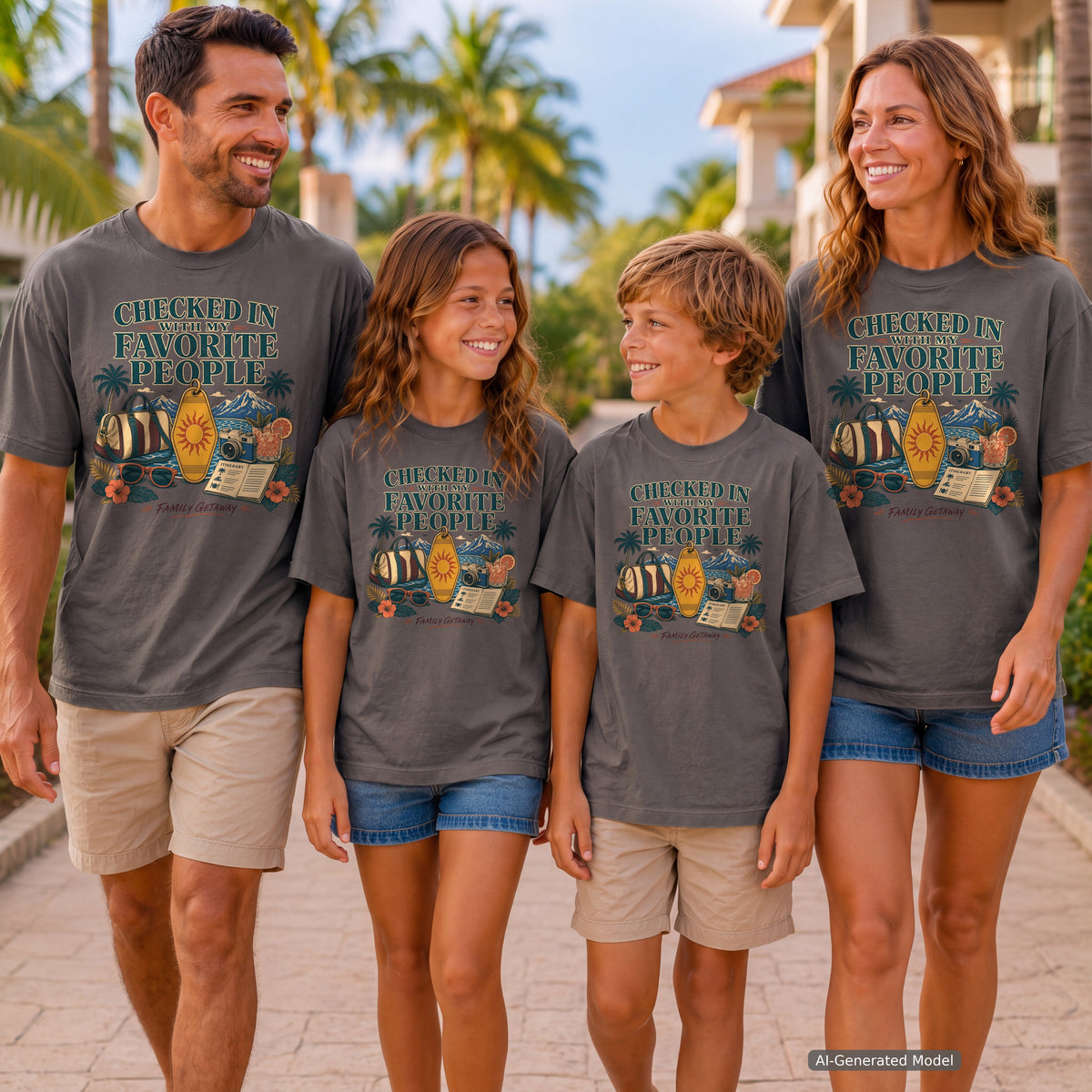 Checked In with My Favorite People Youth Tee – Kids' Comfort Colors Family Getaway Shirt in Pepper – worn on a family trip (AI-generated model photo)