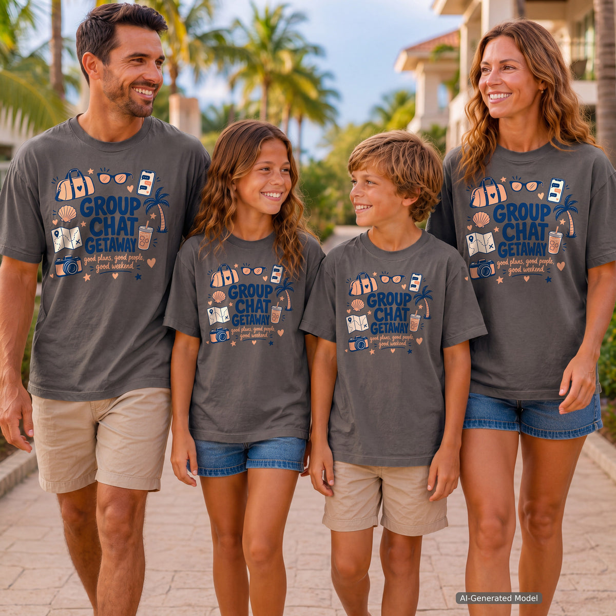Group Chat Getaway Youth Tee – Kids' Comfort Colors Family Getaway Shirt in Pepper – worn on a family trip (AI-generated model photo)