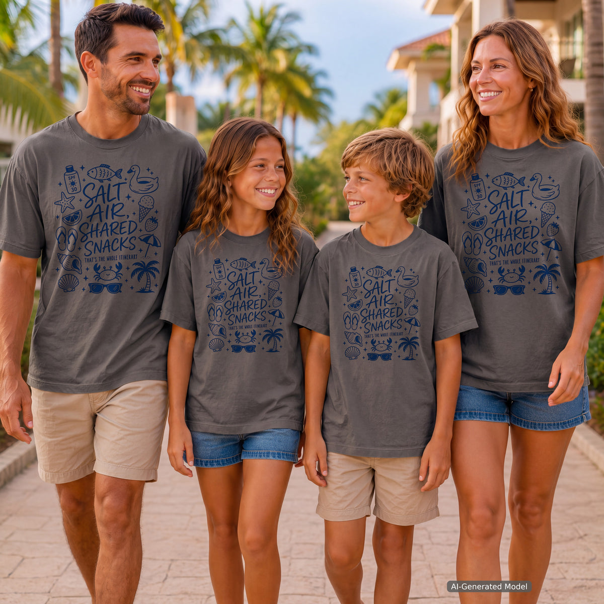 Salt Air Shared Snacks Beach Vacation Shirt in Pepper – worn on a family trip (AI-generated model photo)