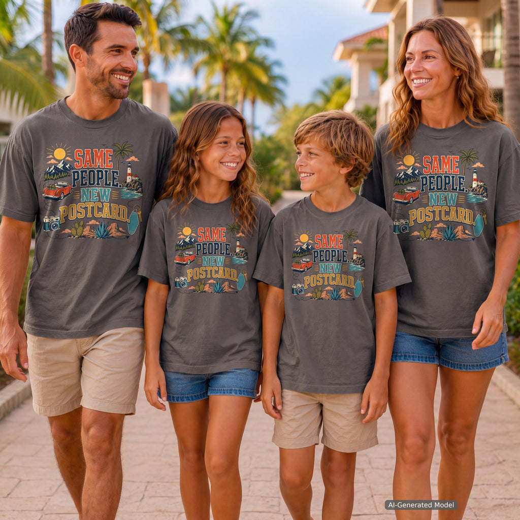 Same People New Postcard Youth Tee – Kids' Comfort Colors Road Trip Shirt in Pepper – worn on a family trip (AI-generated model photo)