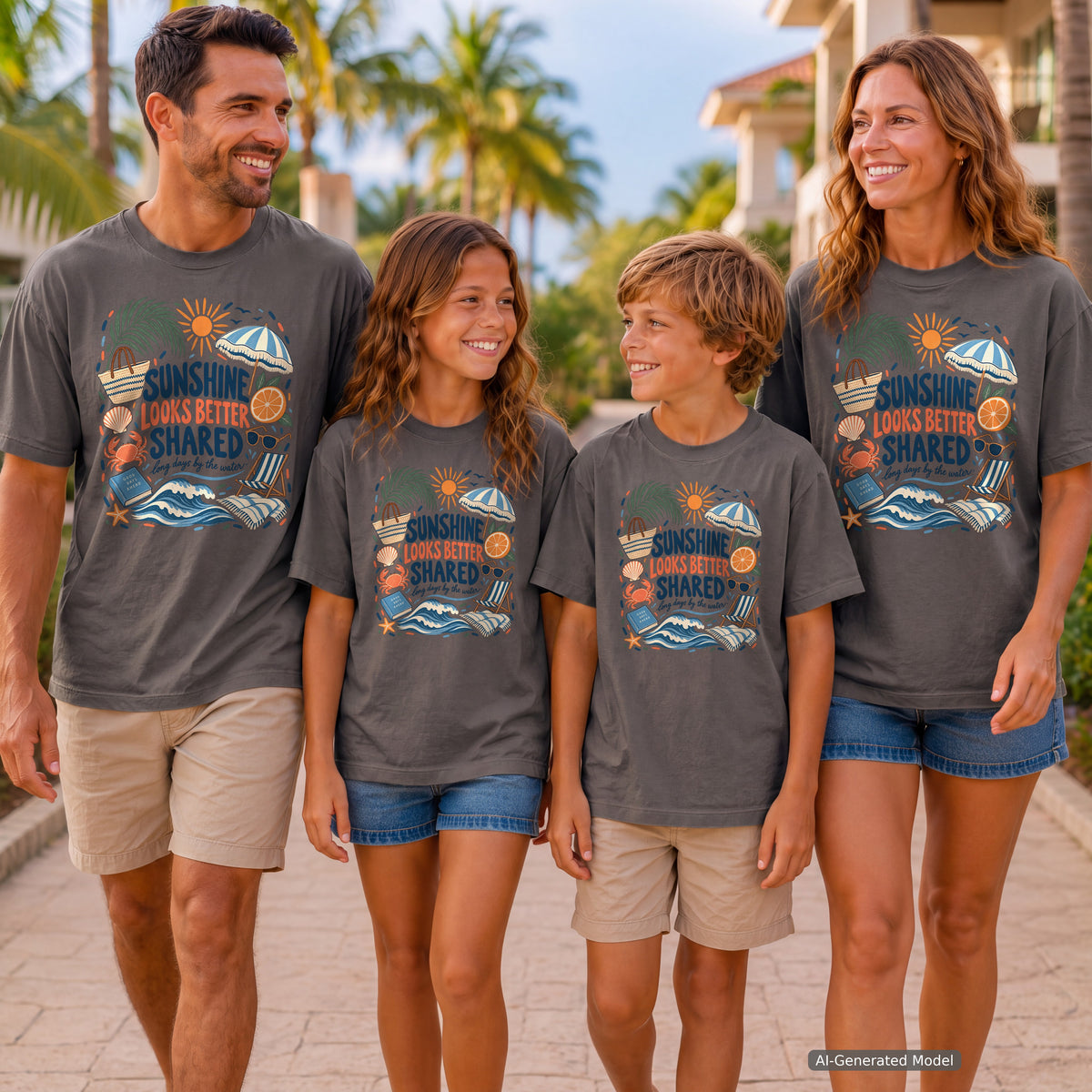 Sunshine Looks Better Shared Beach Vacation Shirt in Pepper – worn on a family trip (AI-generated model photo)