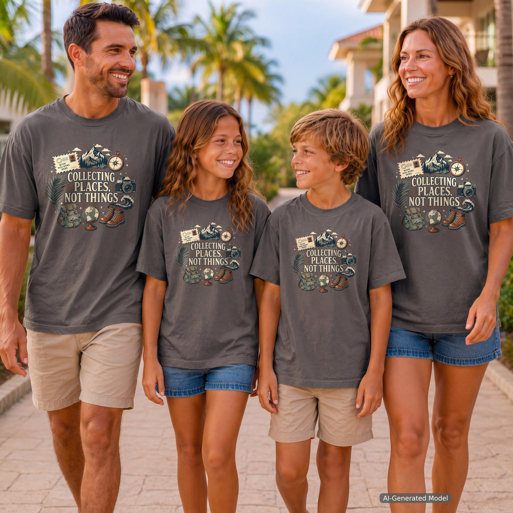 Collecting Places Not Things Youth Tee – Kids' Comfort Colors Travel Shirt in Pepper – worn on a family trip (AI-generated model photo)