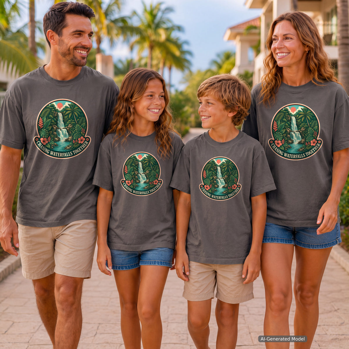 Chasing Waterfalls Together Youth Tee – Kids' Comfort Colors Adventure Shirt in Pepper – worn on a family trip (AI-generated model photo)