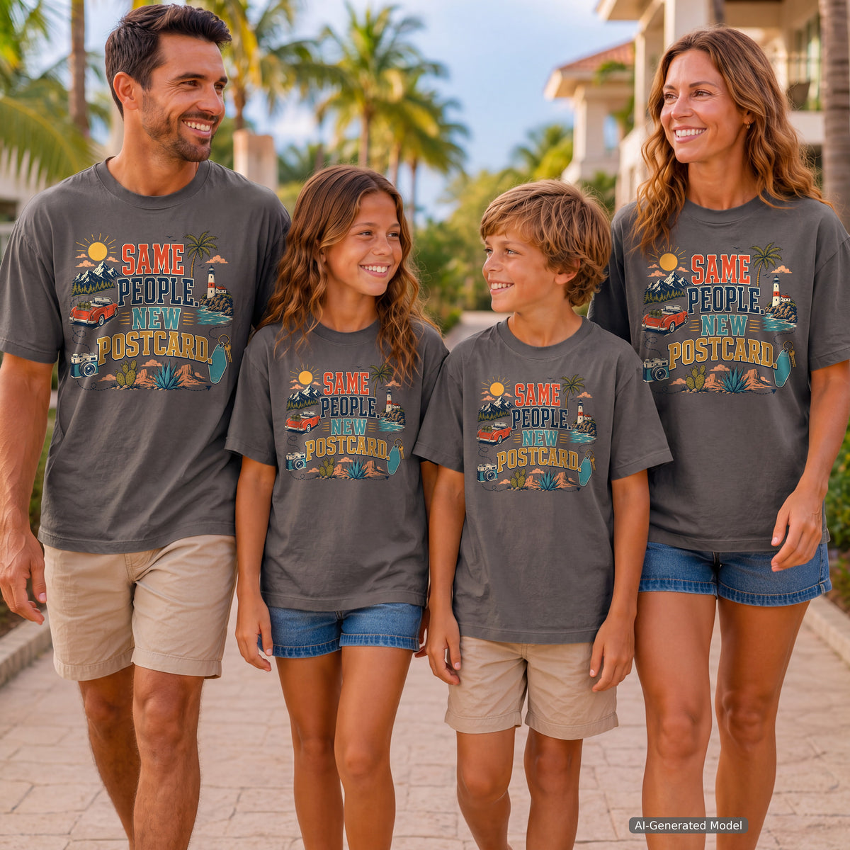 Same People New Postcard Road Trip Shirt in Pepper – worn on a family trip (AI-generated model photo)