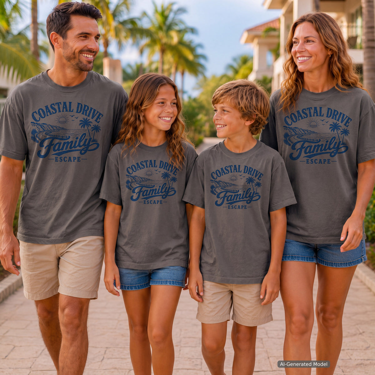 Coastal Drive Family Escape Youth Tee – Kids' Comfort Colors Beach Vacation Shirt in Pepper – worn on a family trip (AI-generated model photo)