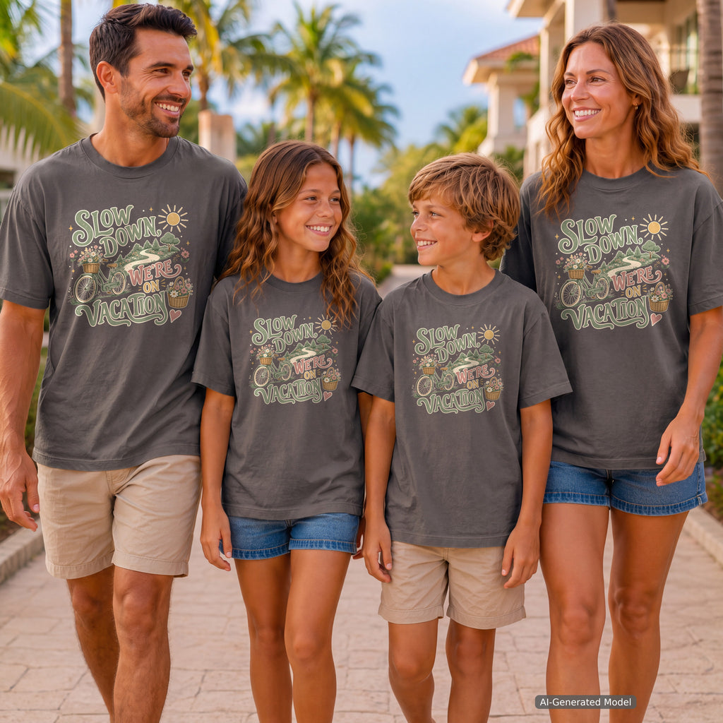 Slow Down We're on Vacation Youth Tee – Kids' Comfort Colors Travel Shirt in Pepper – worn on a family trip (AI-generated model photo)