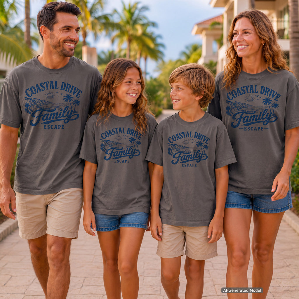 Coastal Drive Family Escape Shirt in Pepper – worn on a family trip (AI-generated model photo)
