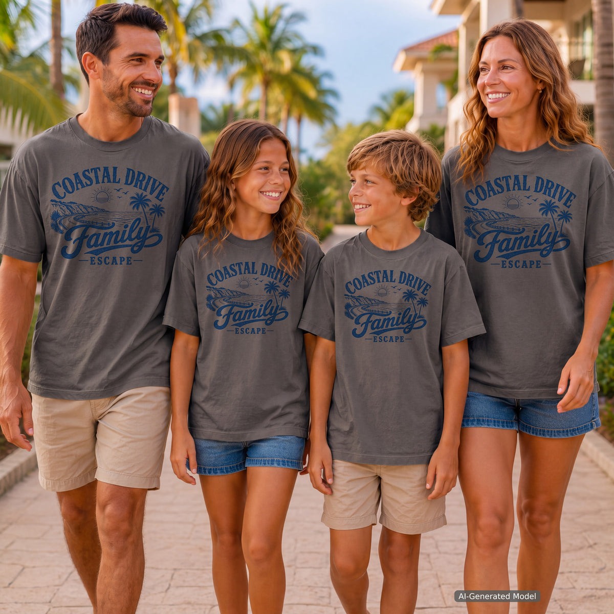 Coastal Drive Family Escape Shirt in Pepper – worn on a family trip (AI-generated model photo)