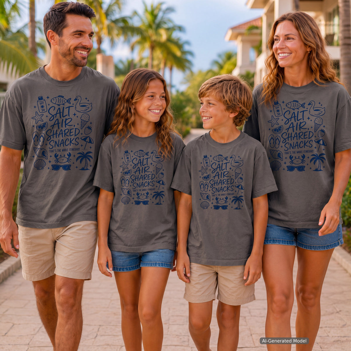Salt Air Shared Snacks Youth Tee – Kids' Comfort Colors Beach Vacation Shirt in Pepper – worn on a family trip (AI-generated model photo)