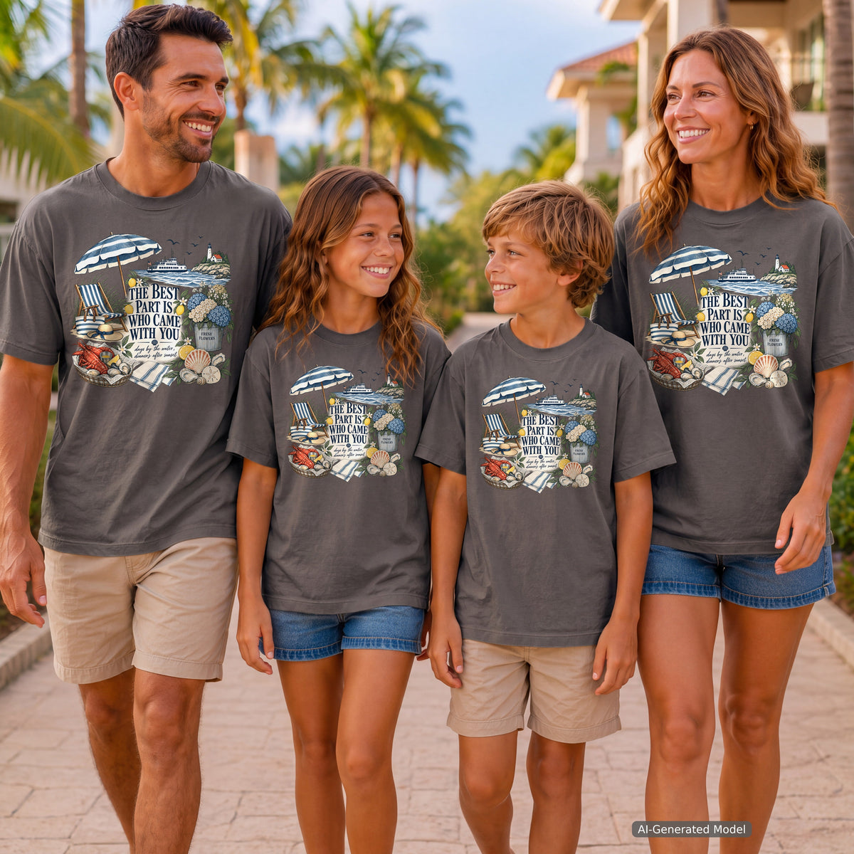 The Best Part Is Who Came with You Youth Tee – Kids' Comfort Colors Beach Vacation Shirt in Pepper – worn on a family trip (AI-generated model photo)